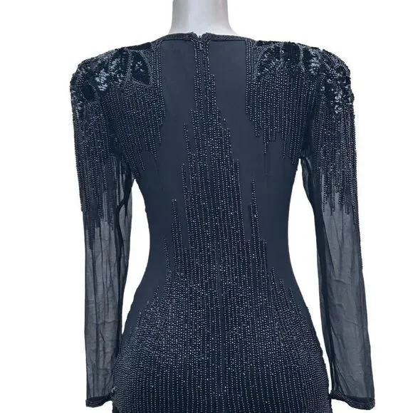 Vintage Black Tie He-Ro Evening Dress 8 Black Sequined Beaded Silk Drop Waist